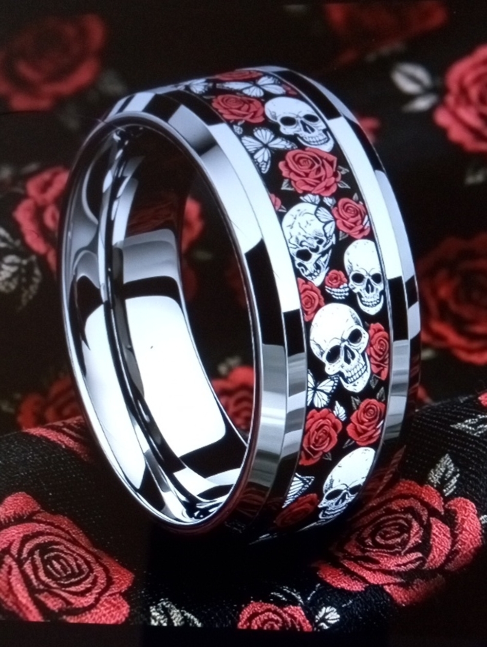Men's Stainless Steel Skull & Rose Ring - Black and Red